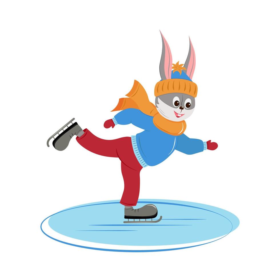lièvre joyeux sur patins. lapin patinant sur la glace. symbole de l'année 2023. pour affiches, calendriers, autocollants, dépliants, bannières, t-shirts. vecteur