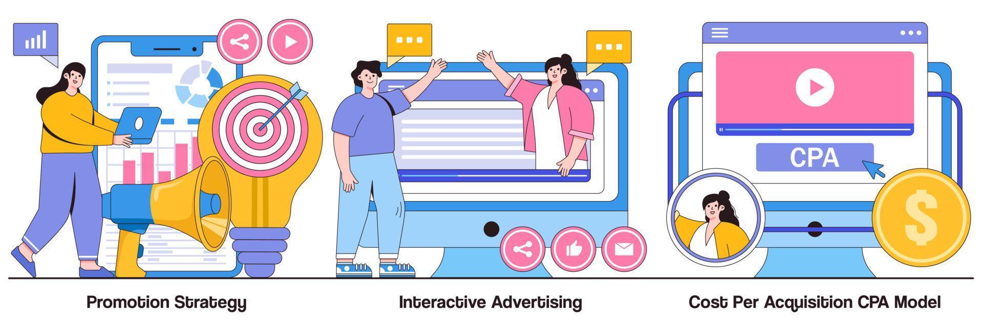 stratégie de promotion, publicité interactive et pack illustré de modèle de coût par acquisition cpa vecteur