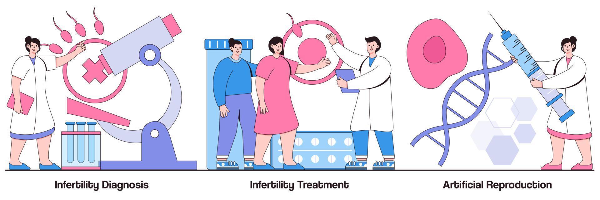 diagnostic de l'infertilité, traitement de l'infertilité et pack illustré de reproduction artificielle vecteur