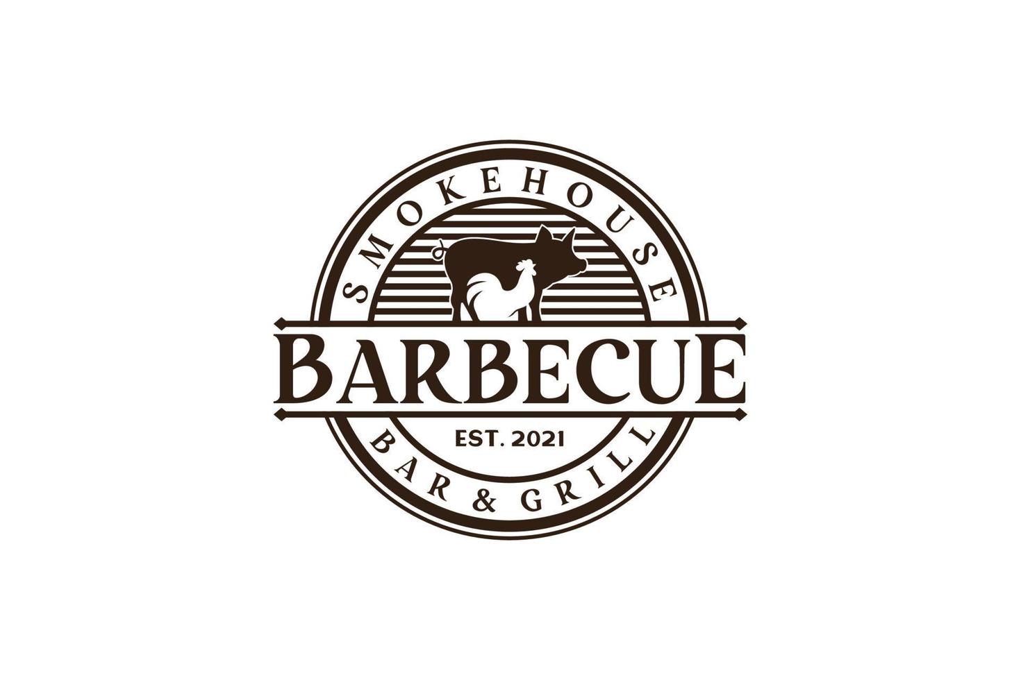 barbecue rustique rétro vintage, barbecue, vecteur de conception de logo de timbre d'étiquette de barbecue