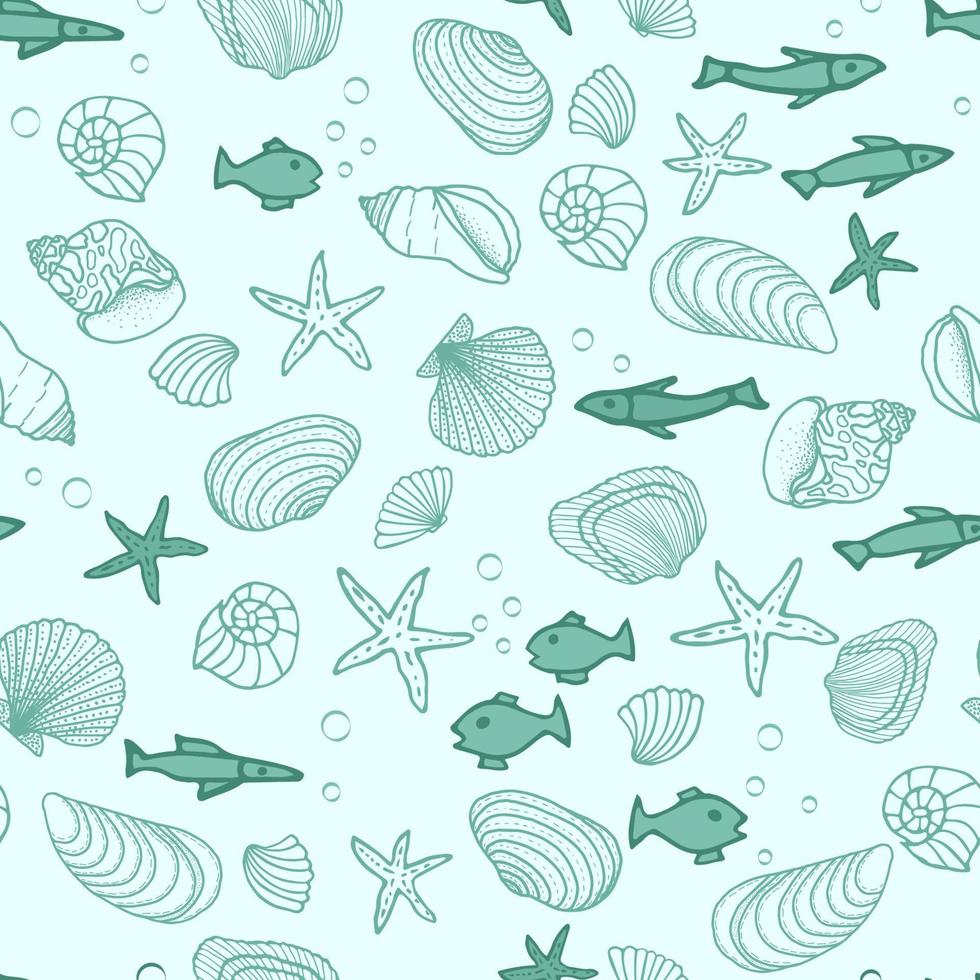 modèle sans couture avec des icônes de poisson, des coquillages, des étoiles de mer sur fond bleu. illustration vectorielle vecteur