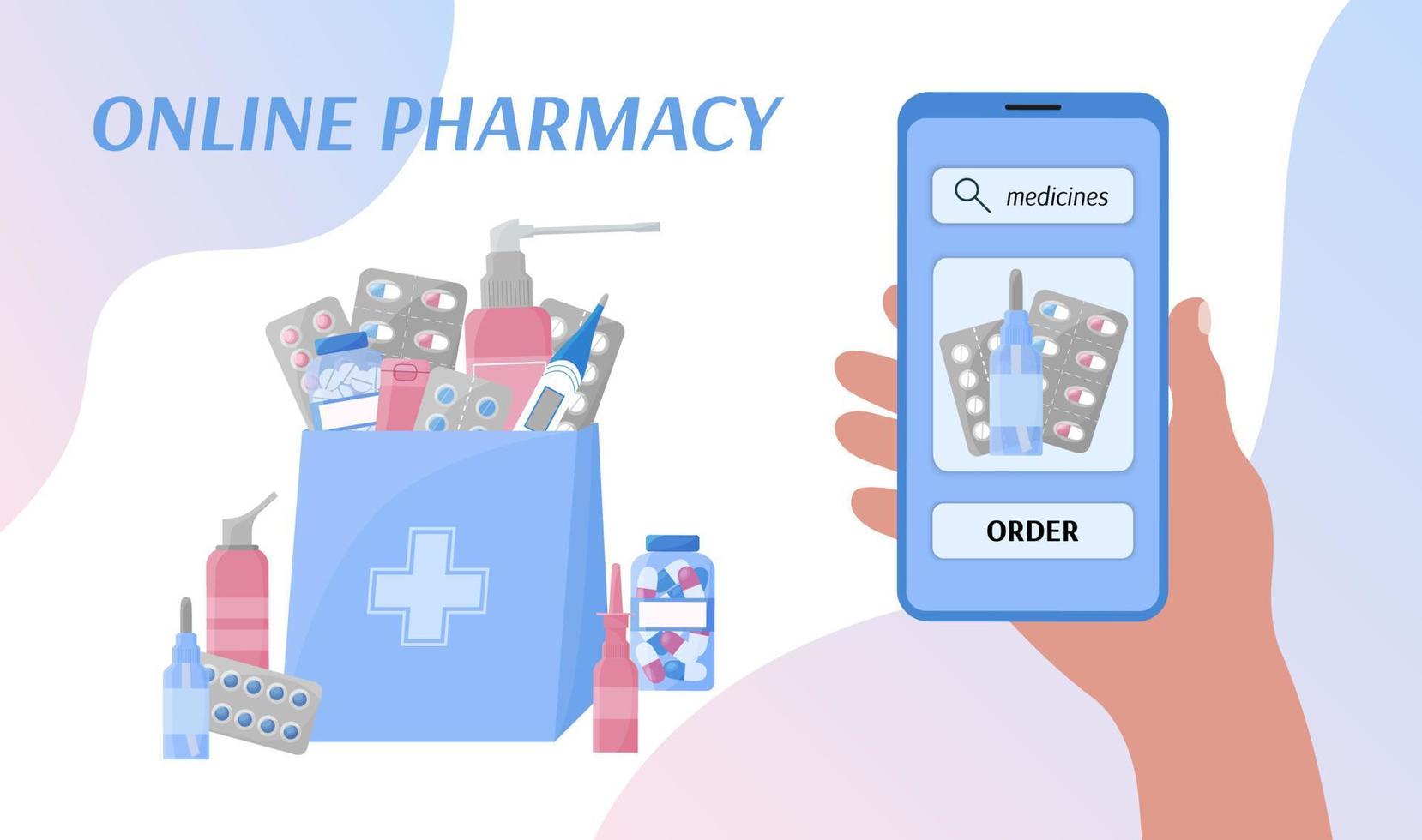 conception de bannière de pharmacie en ligne. achat de médicaments dans l'application de téléphonie mobile. personne tenant un smartphone et commandant des pilules dans une boutique internet. sac de nombreux médicaments. illustration vectorielle plane vecteur