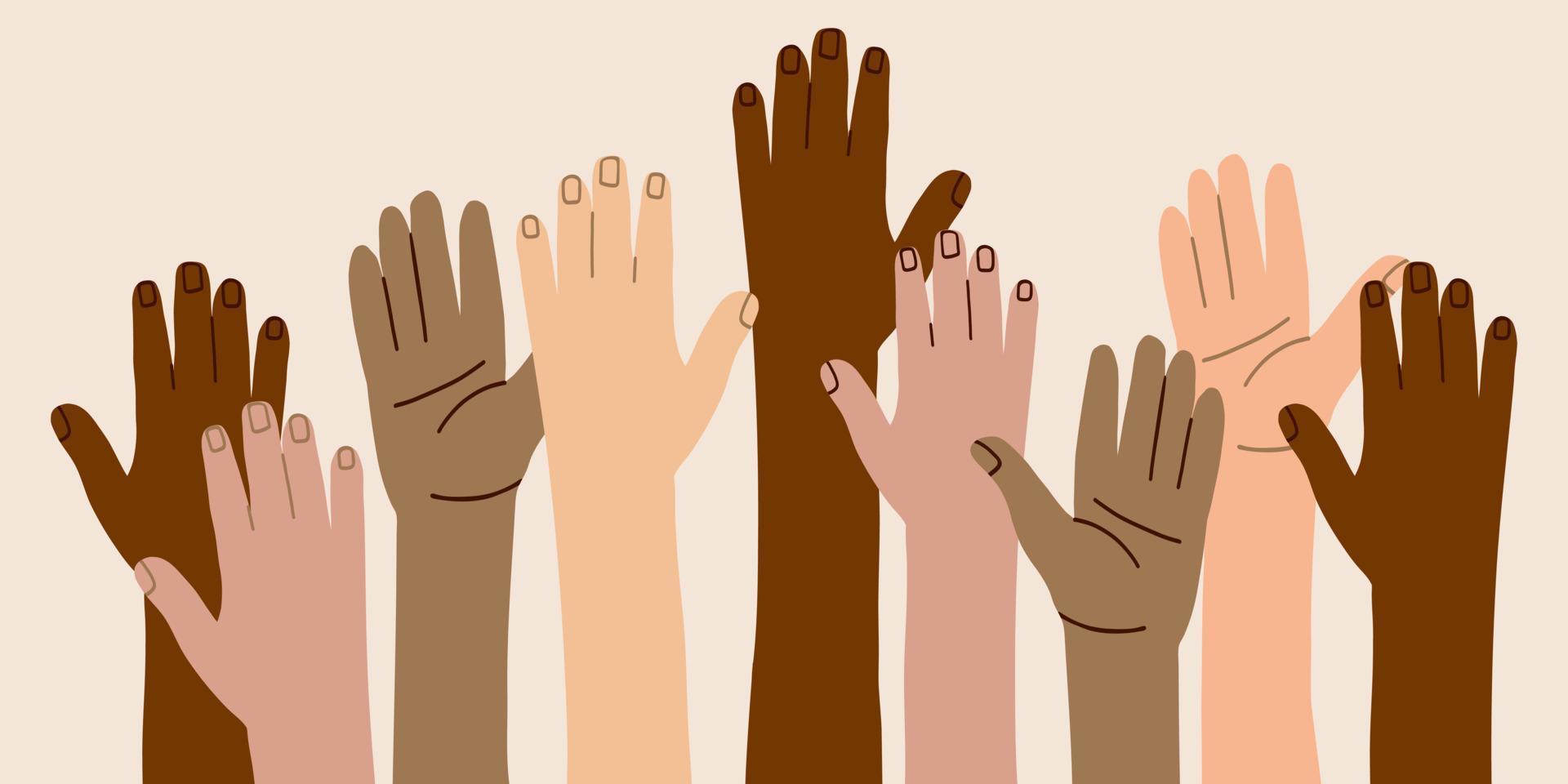 entre les mains de personnes de nationalités différentes. une communauté unie de personnes de couleur de peau. diversité culturelle et ethnique. protestation et grève. lutter pour vos droits. vecteur