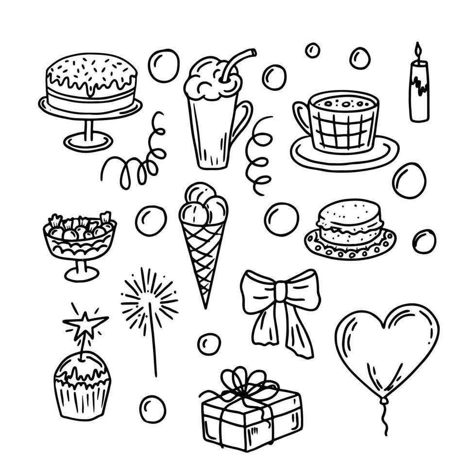 jeu de doodle de fête. éléments mignons pour toutes les célébrations. collection d'accessoires de fête isolés sur fond blanc. vecteur