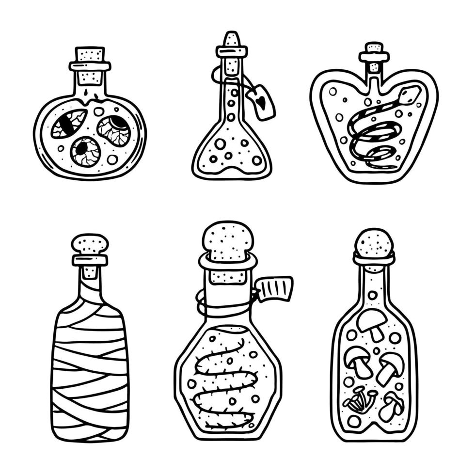 collection de bouteilles de potion dans un style doodle dessiné à la main. bouteilles en verre de sorcière avec potion. sorcellerie halloween antidote poison ensemble. vecteur