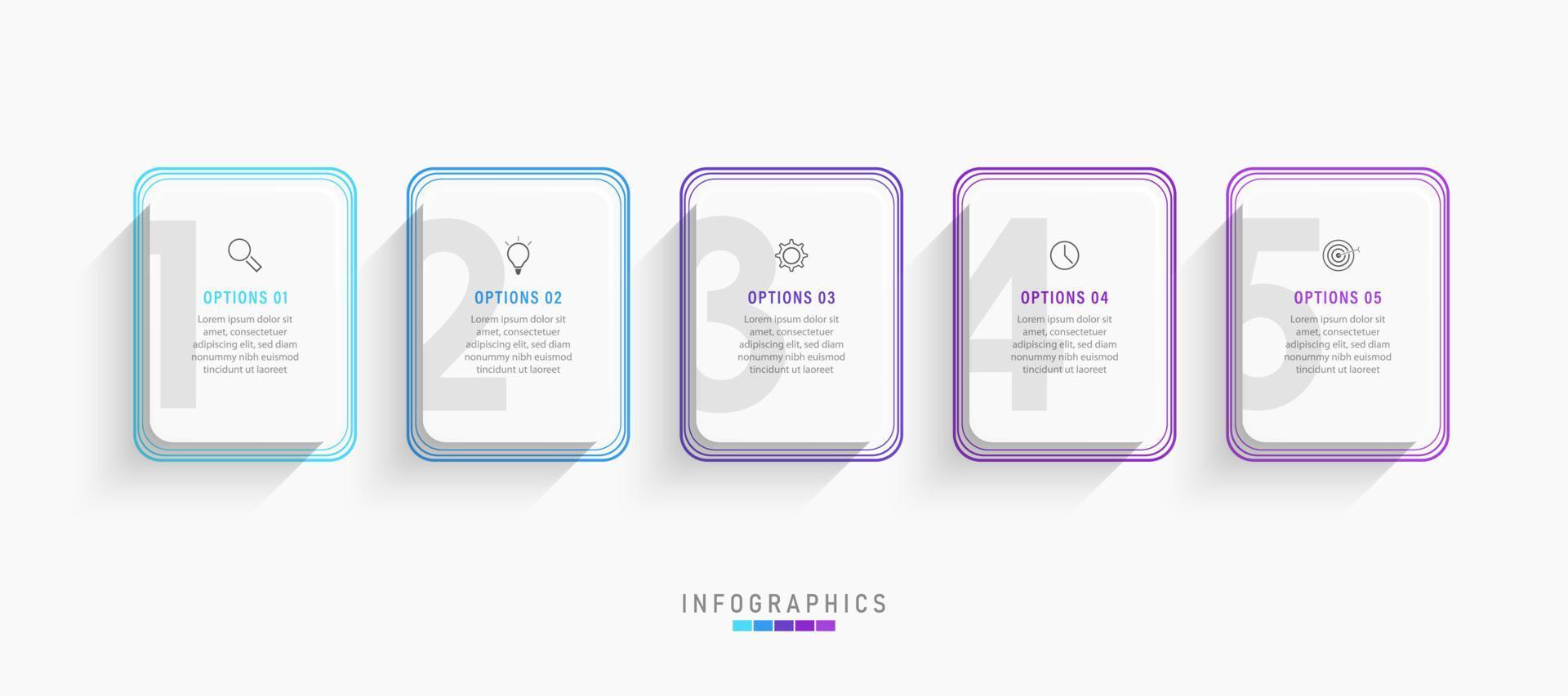 modèle de conception d'étiquettes infographiques vectorielles avec icônes et 5 options ou étapes. peut être utilisé pour le diagramme de processus, les présentations, la mise en page du flux de travail, la bannière, l'organigramme, le graphique d'informations. vecteur