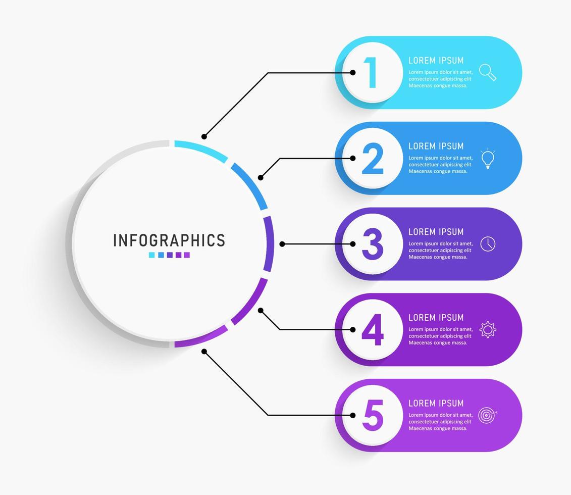 modèle de conception d'étiquettes infographiques vectorielles avec icônes et 5 options ou étapes. peut être utilisé pour le diagramme de processus, les présentations, la mise en page du flux de travail, la bannière, l'organigramme, le graphique d'informations. vecteur