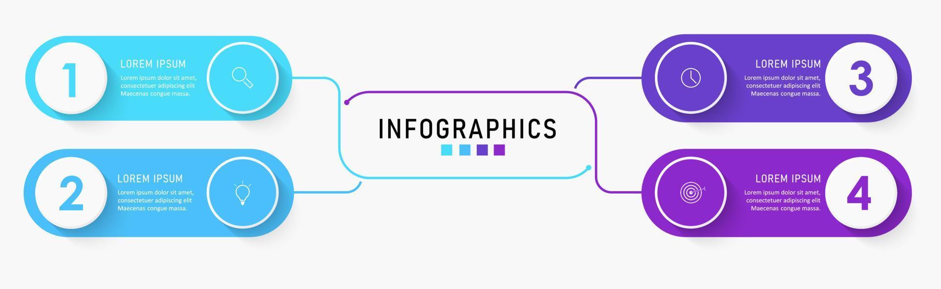 modèle de conception d'étiquettes infographiques vectorielles avec icônes et 4 options ou étapes. peut être utilisé pour le diagramme de processus, les présentations, la mise en page du flux de travail, la bannière, l'organigramme, le graphique d'informations. vecteur