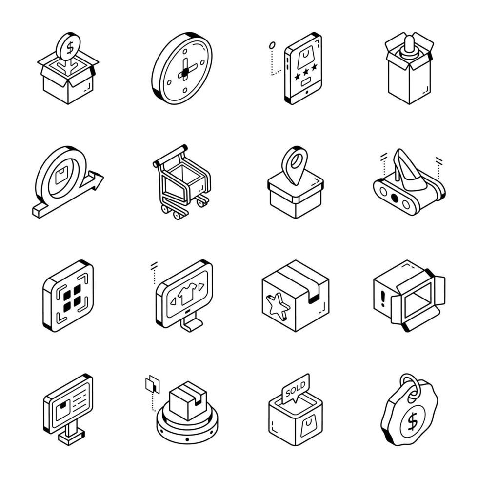 icônes de contour de commerce électronique et de gestion de produit vecteur