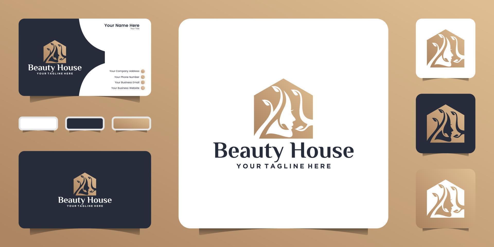 conception de modèle de logo et de carte de visite de maison de beauté féminine vecteur