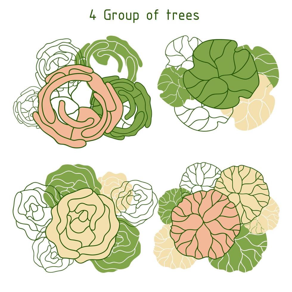 arbre pour les plans d'étage architecturaux. conception d'entourage. divers arbres, buissons et arbustes, vue de dessus pour le plan d'aménagement paysager. vecteur