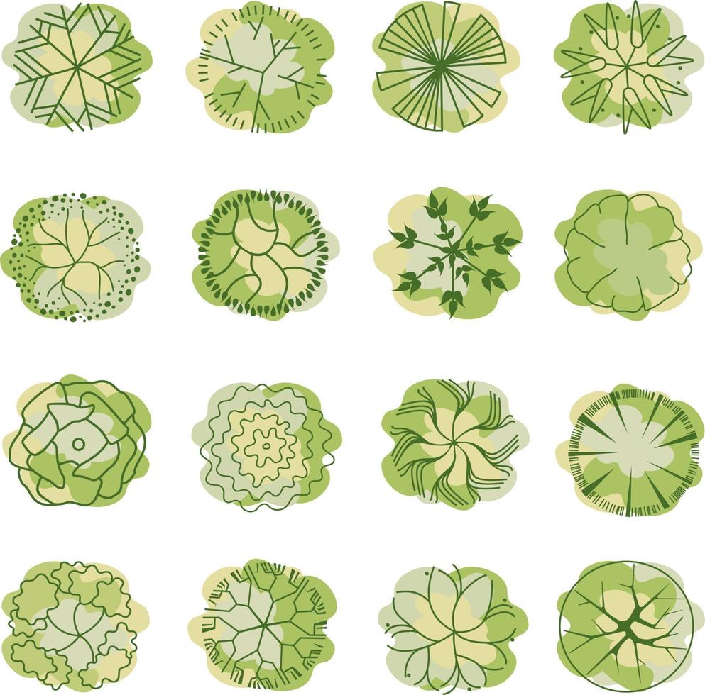 arbre pour les plans d'étage architecturaux. conception d'entourage. divers arbres, buissons et arbustes, vue de dessus pour le plan d'aménagement paysager. vecteur