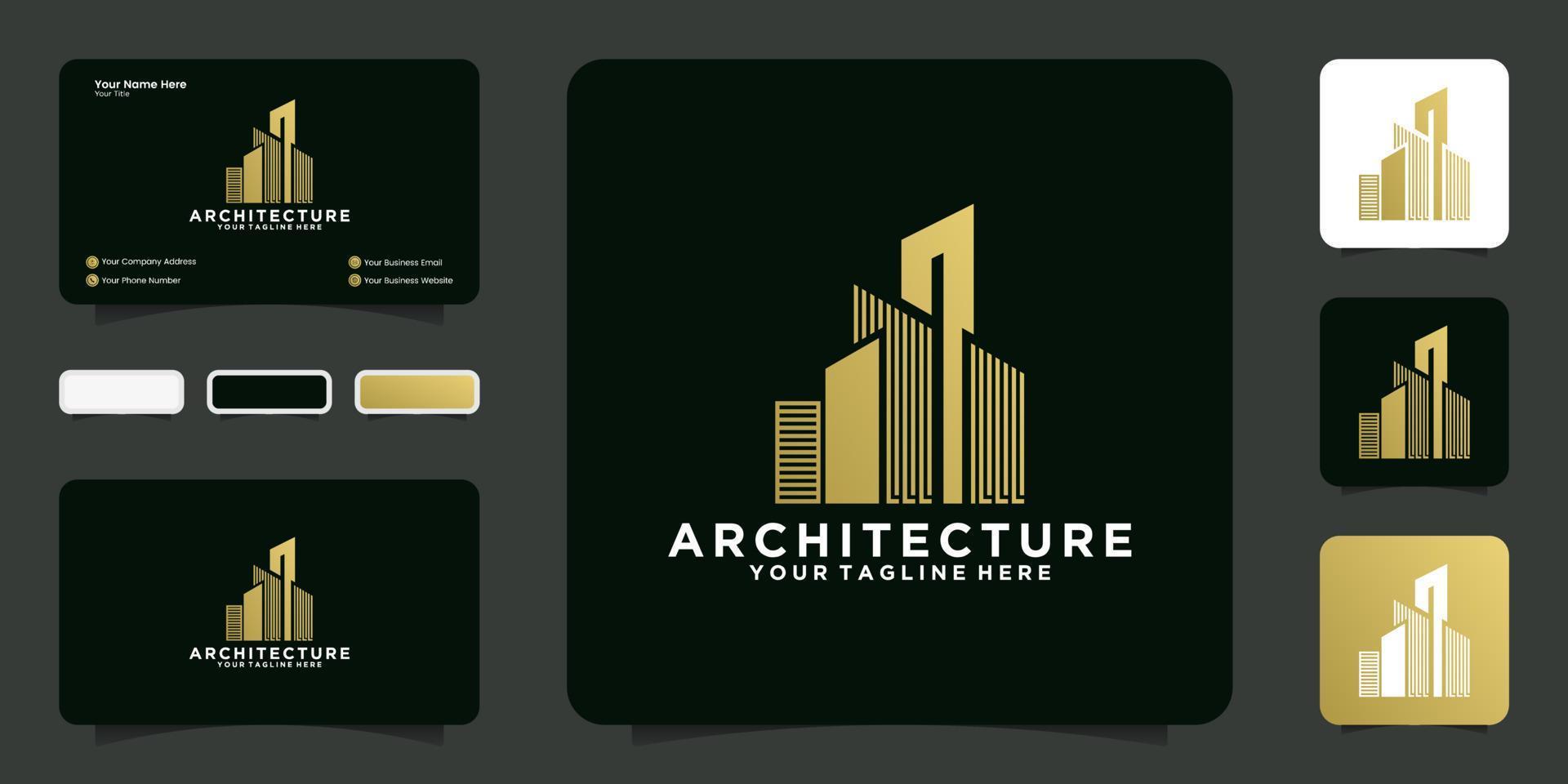 inspiration de conception de logo de gratte-ciel avec couleur or de luxe et carte de visite vecteur