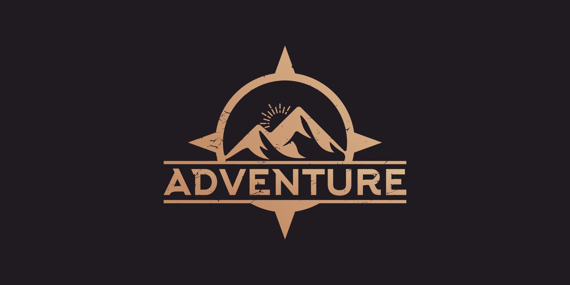 logo et boussole vintage aventure en montagne vecteur