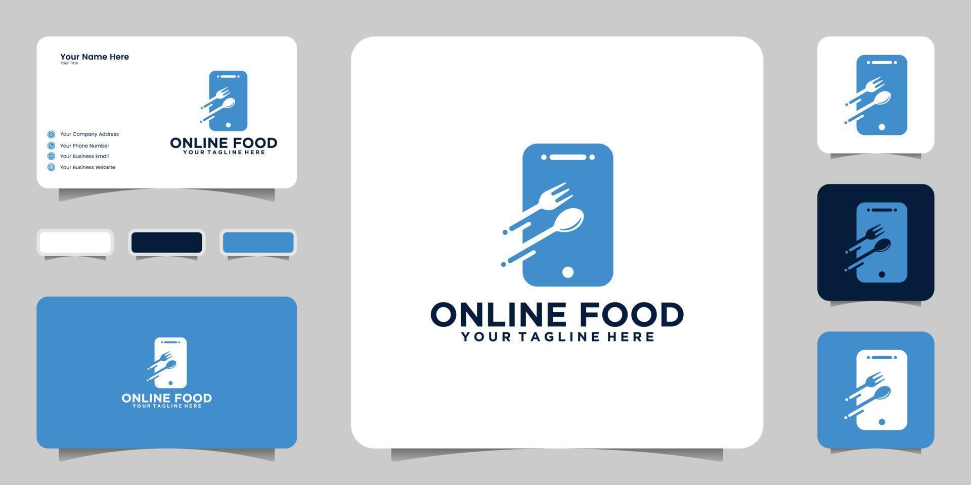 nourriture en ligne avec logo de concept de téléphone portable et de coutellerie et conception de carte de visite vecteur