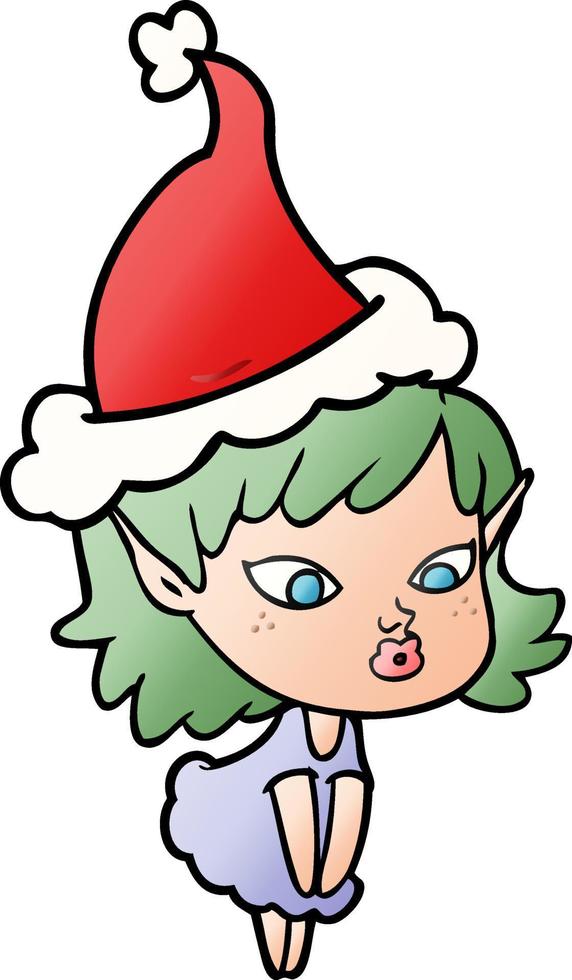 jolie bande dessinée dégradée d'une fille elfe portant un bonnet de noel vecteur