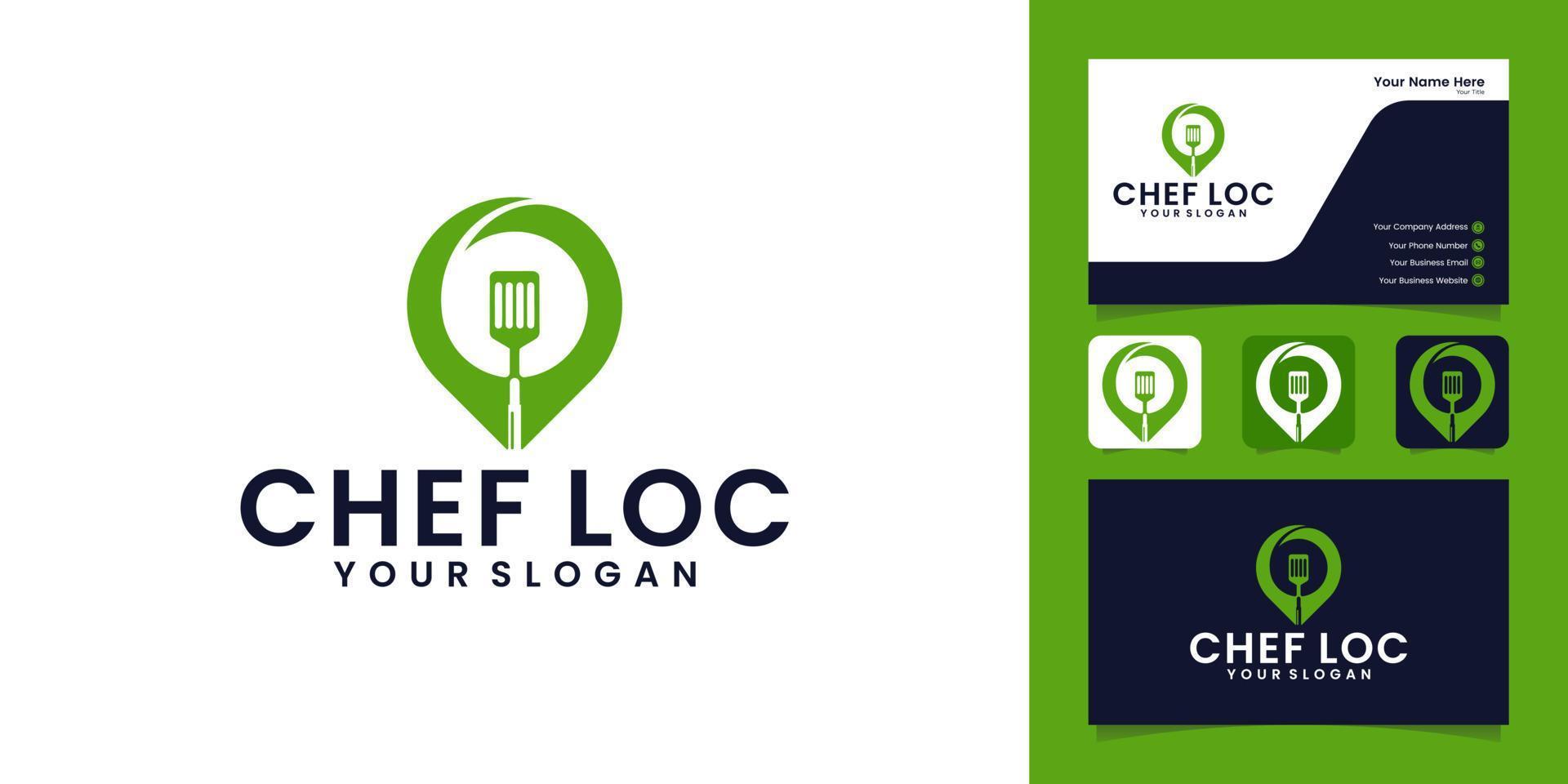 logo de localisation des aliments avec spatule et cartes de points d'épingle création de logo et carte de visite vecteur