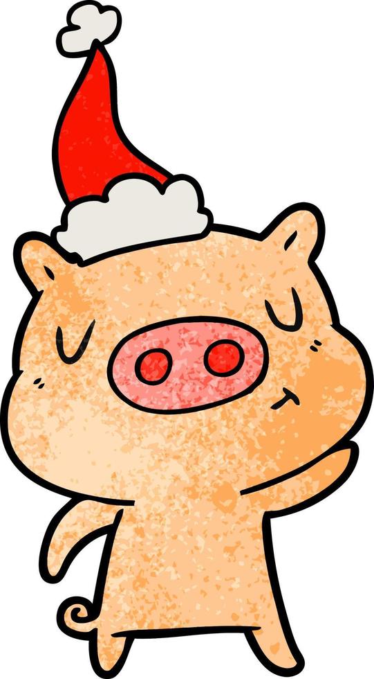 dessin animé texturé d'un cochon de contenu portant un bonnet de noel vecteur