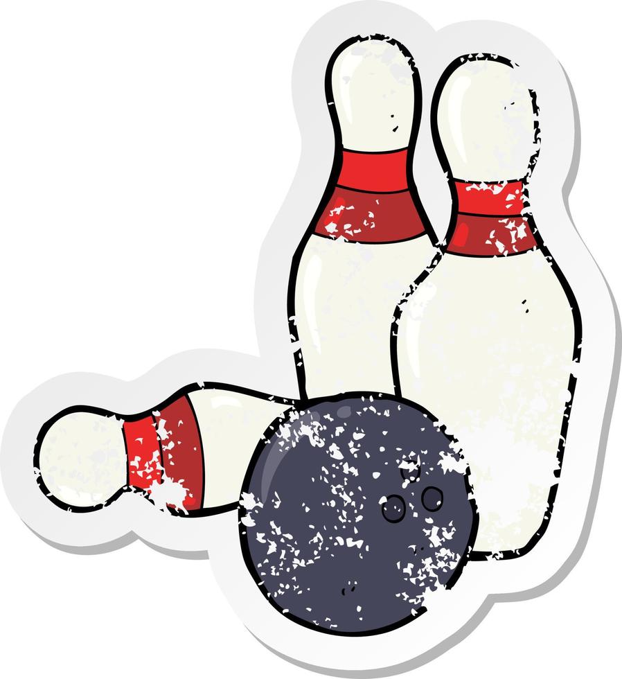 autocollant rétro en détresse d'un dessin animé de bowling à dix broches vecteur