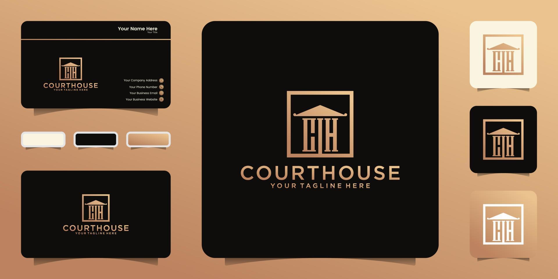 conception de palais de justice avec initiales ch logo icônes, symboles et cartes de visite vecteur