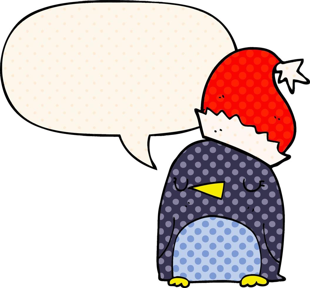 joli pingouin de noël et bulle de dialogue dans le style de la bande dessinée vecteur