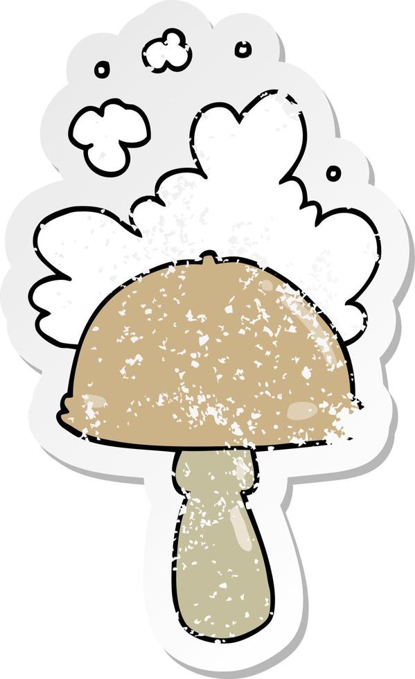 autocollant en détresse d'un champignon de dessin animé avec un nuage de spores vecteur