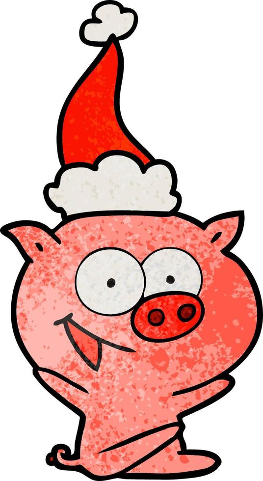 joyeux dessin animé texturé de cochon assis portant un bonnet de noel vecteur