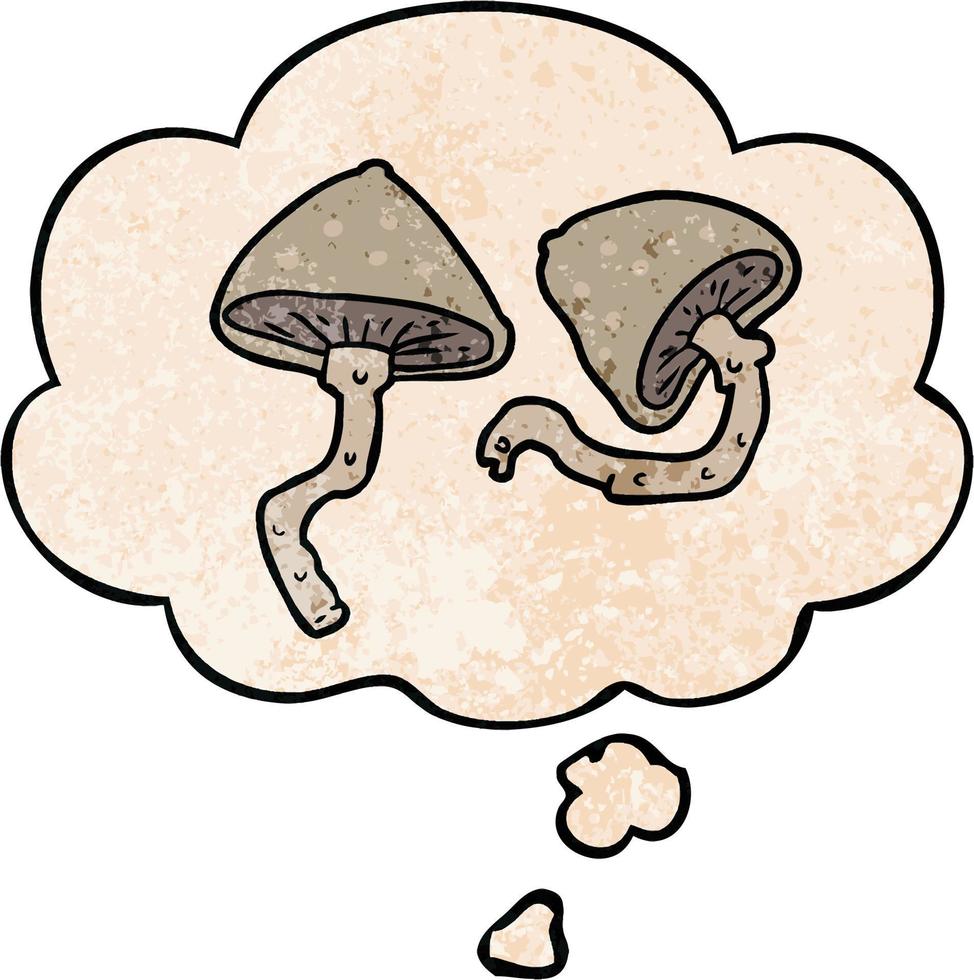 champignons de dessin animé et bulle de pensée dans le style de motif de texture grunge vecteur