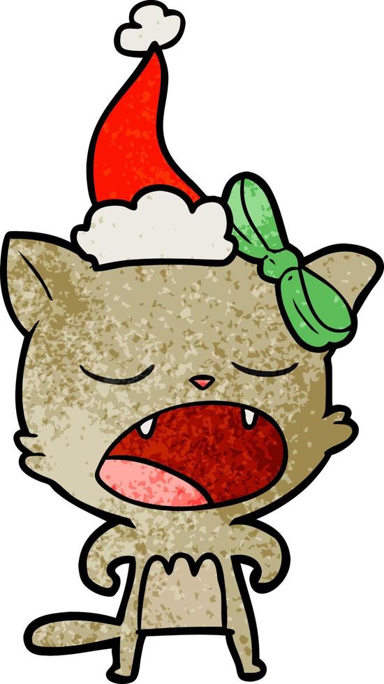 dessin animé texturé d'un chat qui miaule portant un bonnet de noel vecteur