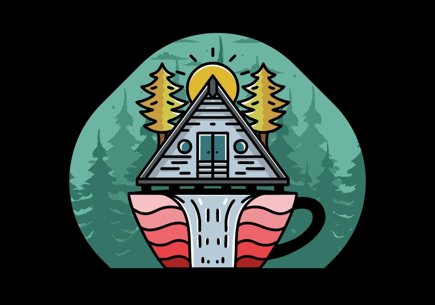 cabane en bois et pins en forme de tasse de café avec illustration de cascade vecteur