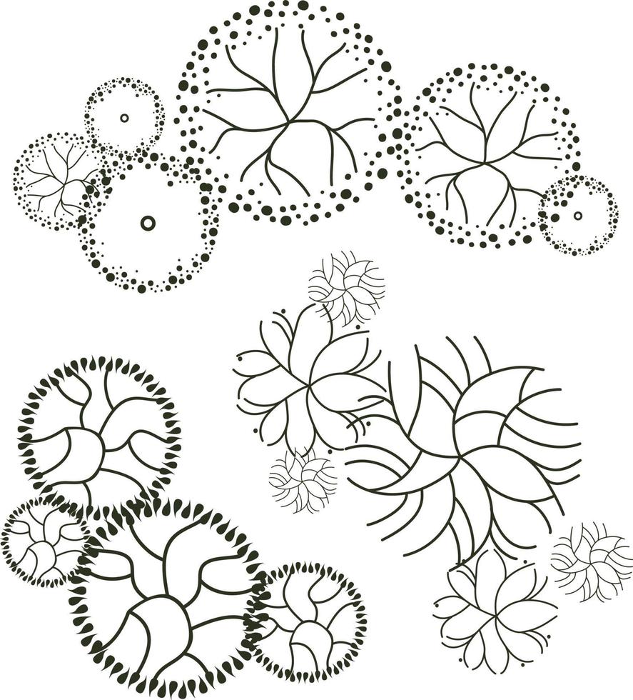 arbre pour les plans d'étage architecturaux. conception d'entourage. divers arbres, buissons et arbustes, vue de dessus pour le plan d'aménagement paysager. vecteur