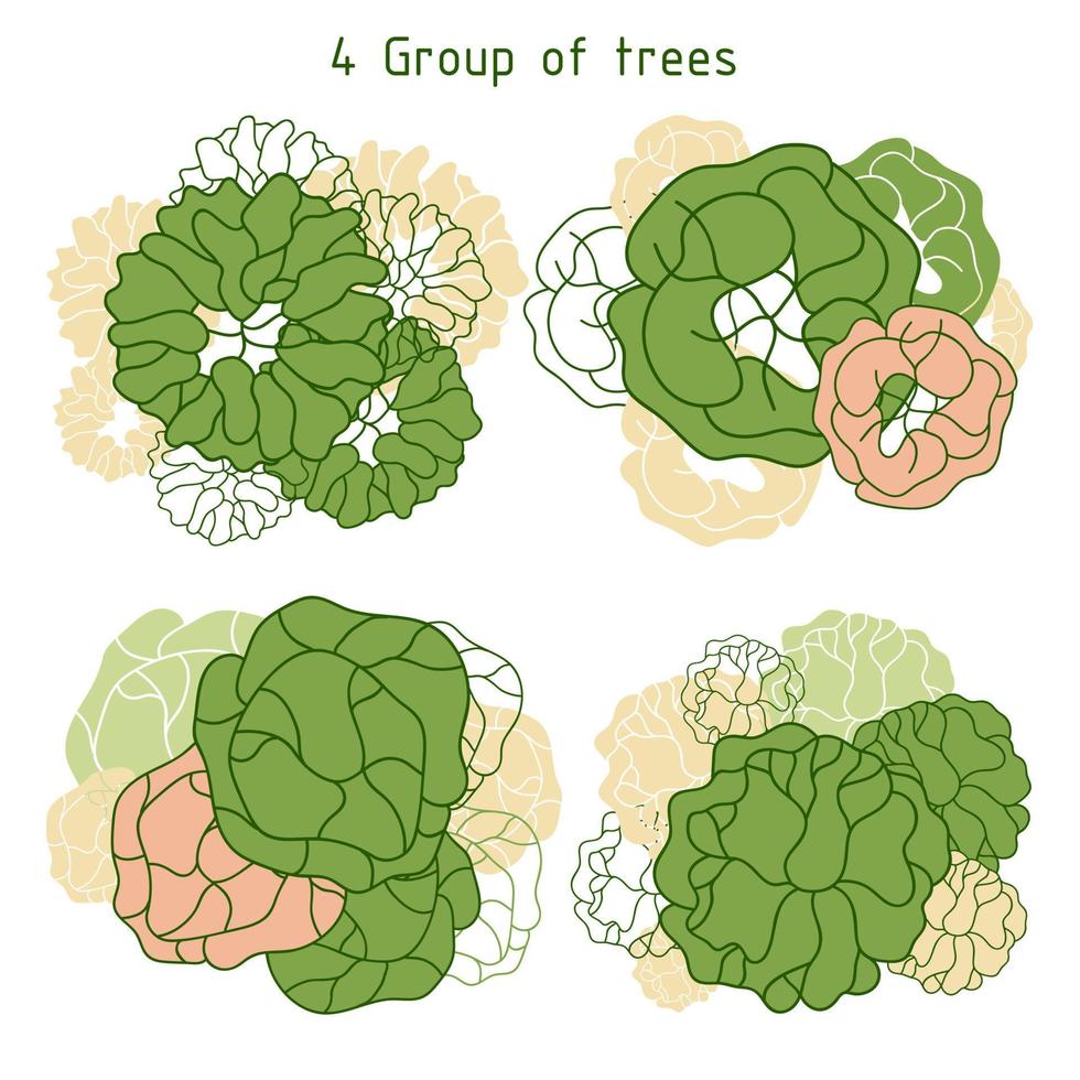 arbre pour les plans d'étage architecturaux. conception d'entourage. divers arbres, buissons et arbustes, vue de dessus pour le plan d'aménagement paysager. vecteur