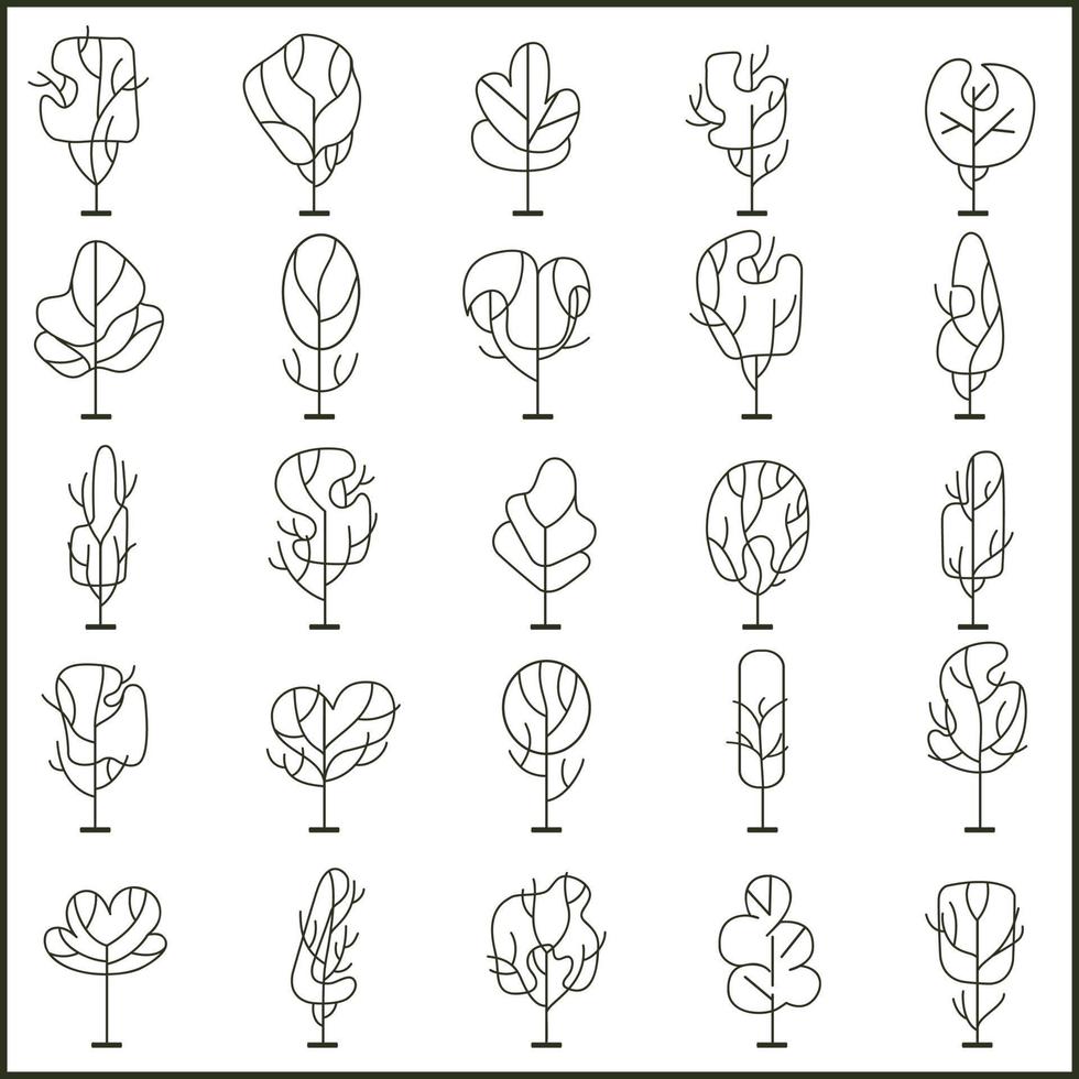 arbres frontaux simples. conception d'entourage. divers arbres, buissons et arbustes. vecteur