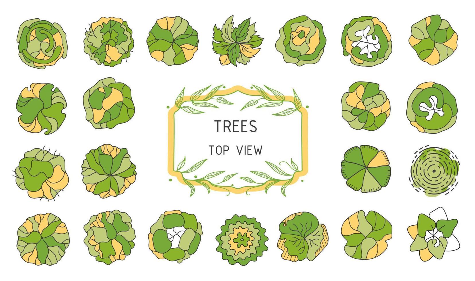 arbre pour les plans d'étage architecturaux. conception d'entourage. divers arbres, buissons et arbustes, vue de dessus pour le plan d'aménagement paysager. vecteur