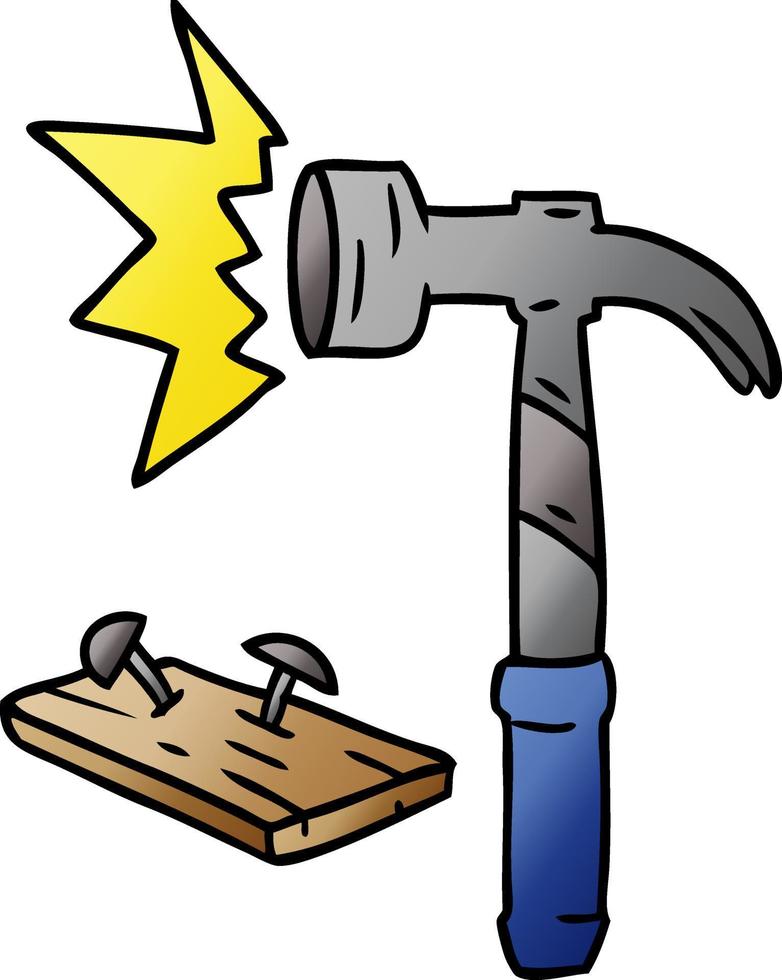 doodle de dessin animé dégradé d'un marteau et de clous vecteur