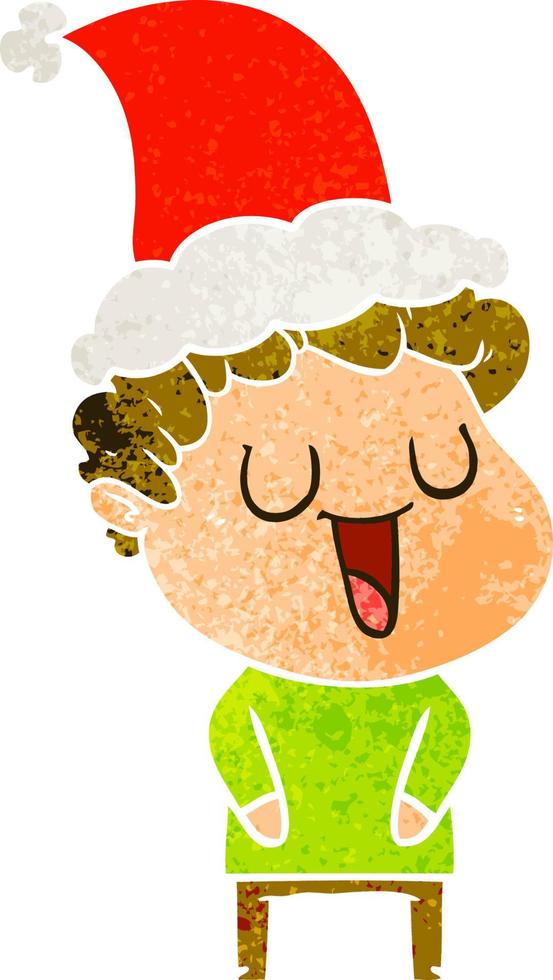 dessin animé rétro en riant d'un homme portant un bonnet de noel vecteur