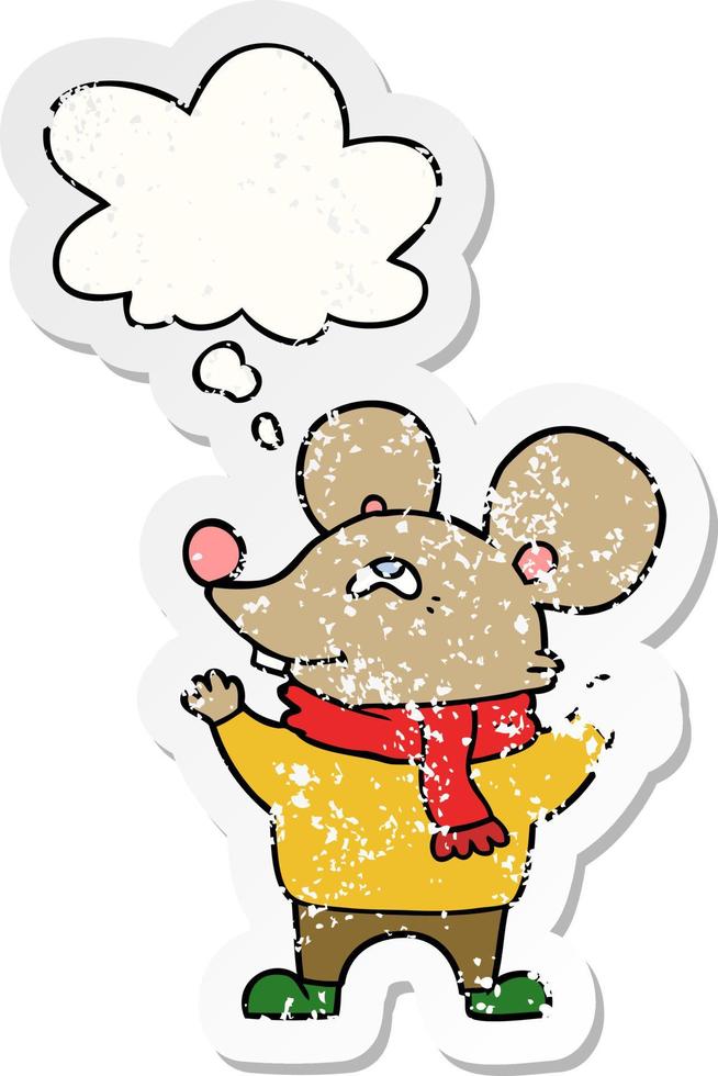 souris de dessin animé portant un foulard et une bulle de pensée comme un autocollant usé en détresse vecteur