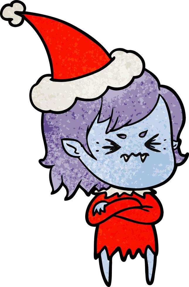 dessin animé texturé agacé d'une fille vampire portant un bonnet de noel vecteur