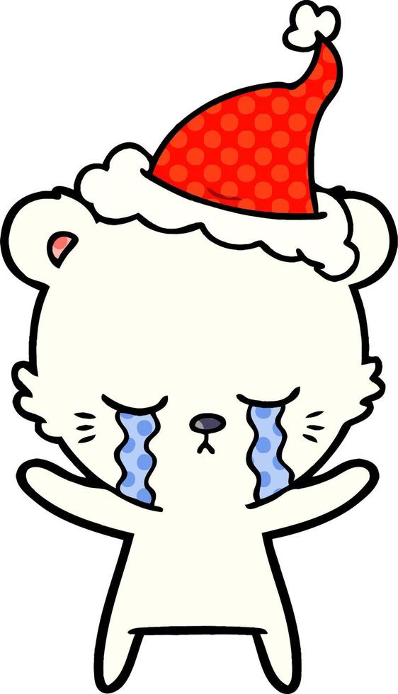 pleurer, style bande dessinée, illustration, de, a, polarbear, porter, santa chapeau vecteur