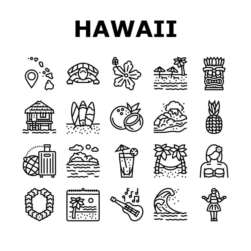 hawaï, île, station vacances, icônes, ensemble, vecteur