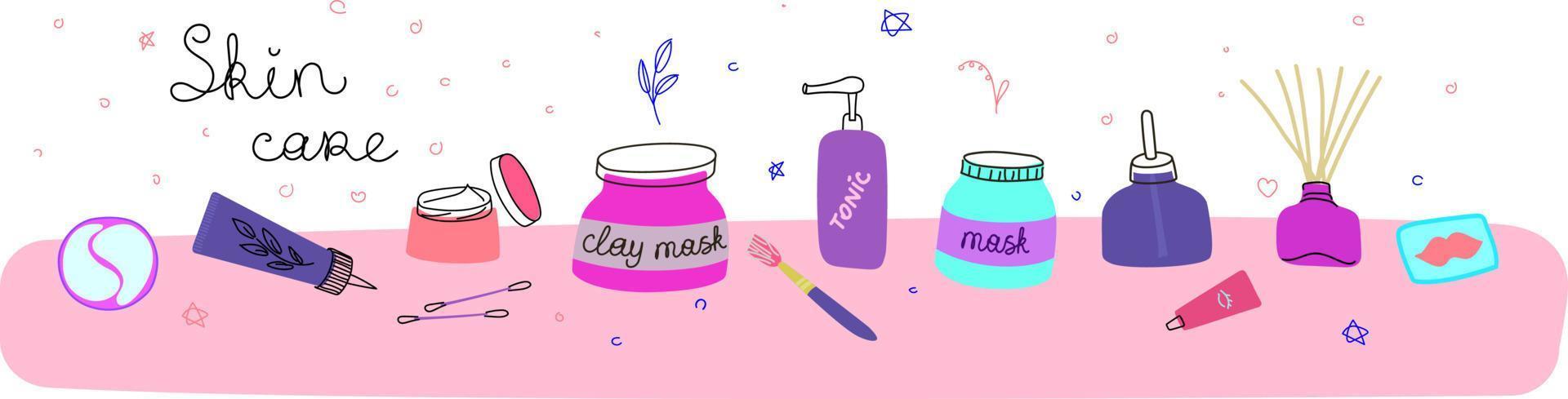 rituel beauté. un ensemble pour les soins de la peau. le concept de soins du visage et du corps. nettoyage, hydratation, massage, traitement. un vecteur dessiné à la main dans le style doodle. tous les éléments sont isolés