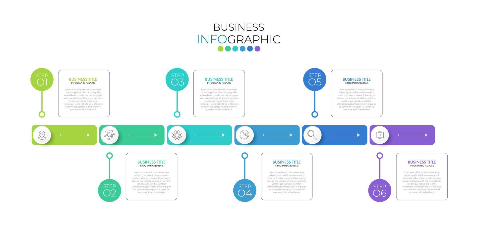 le modèle de conception infographique peut être utilisé pour la présentation, la bannière, le graphique, le flux d'affaires et le diagramme. modèle de chronologie plat moderne avec 6 options, pièces, étape pour le processus. modèle abstrait. vecteur