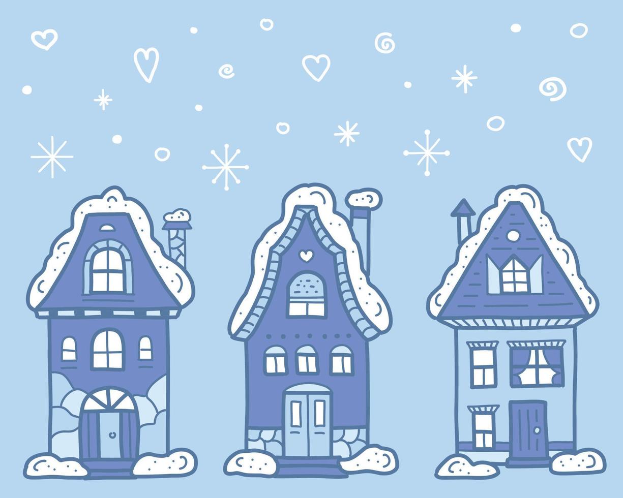 village d'hiver. jolies maisons enneigées et flocons de neige sur fond bleu. réveillon de Noël. clipart vectoriel