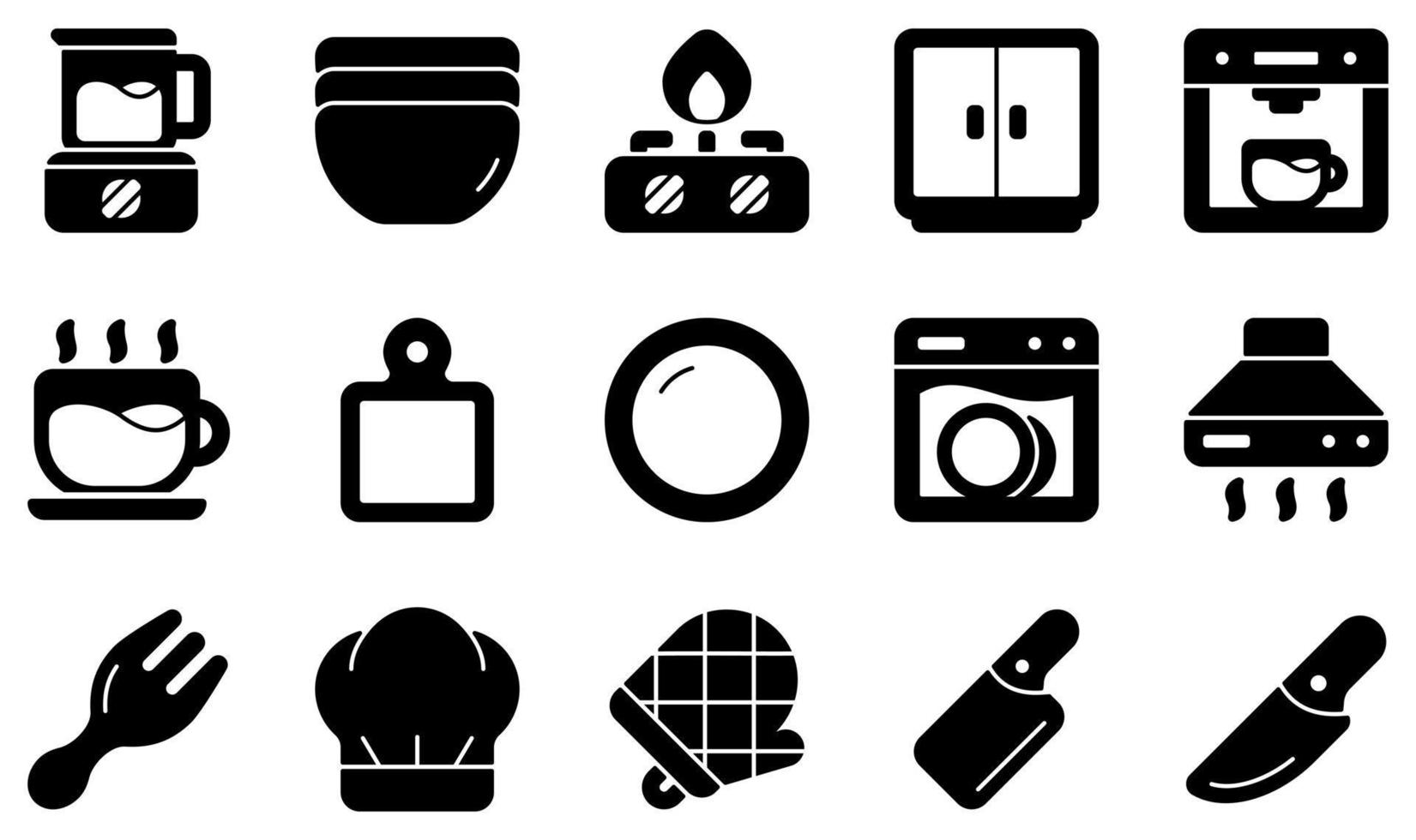 ensemble d'icônes vectorielles liées à la cuisine. contient des icônes telles que mélangeur, bol, brûleur, armoire, tasse, plat et plus encore. vecteur