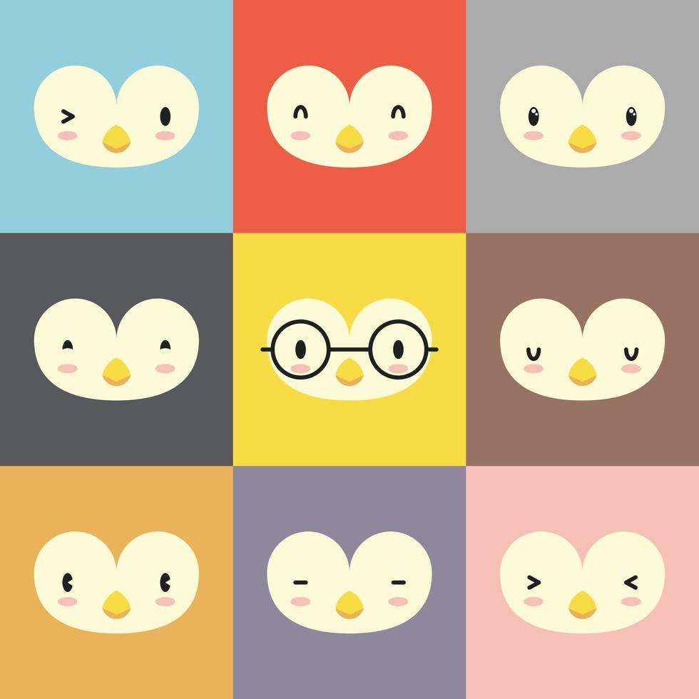 ensemble de divers avatars d'expression faciale de pingouin. adorable illustration vectorielle de tête d'animal bébé mignon. conception plate simple d'émoticône de visage de dessin animé animal souriant heureux. fond carré coloré. vecteur