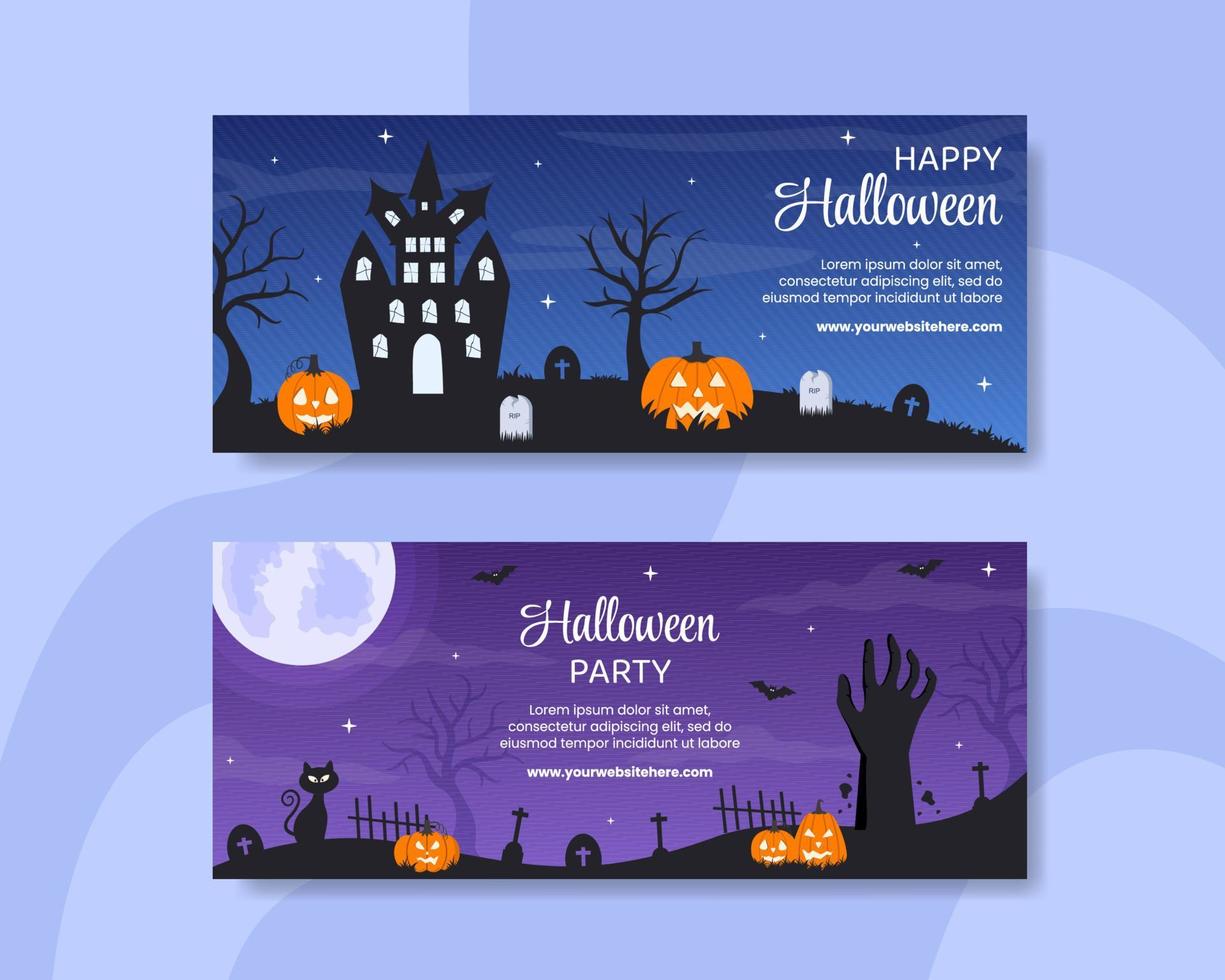 modèle de bannière horizontale de fête de nuit d'halloween illustration plate de dessin animé dessiné à la main vecteur