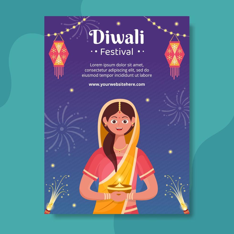 indien célébrant le modèle d'affiche du jour de diwali illustration plate de dessin animé dessiné à la main vecteur