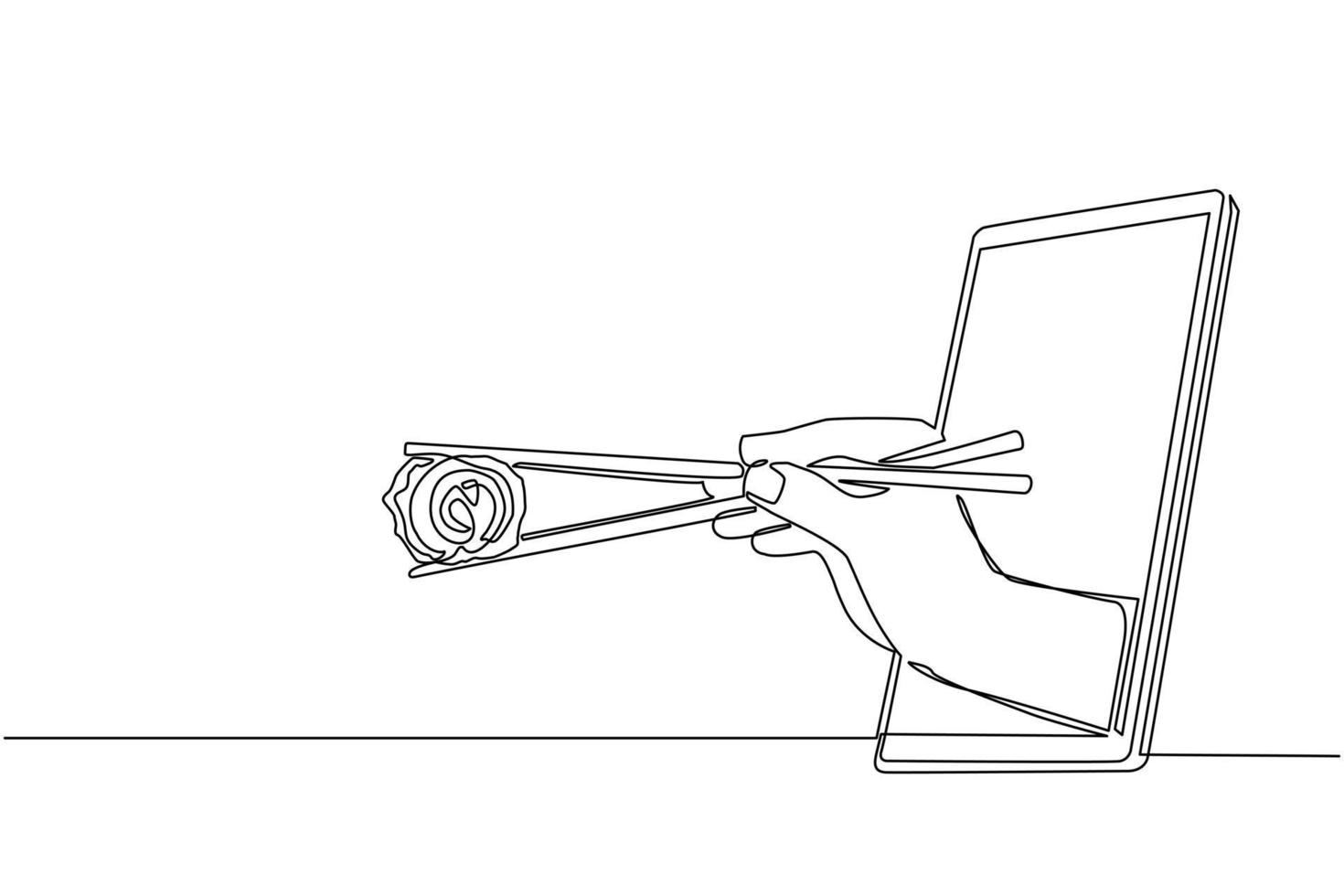 dessin continu d'une ligne main tenant des sushis via un téléphone portable. concept de restauration de commande de livraison de nourriture en ligne. application pour smartphone. illustration graphique vectorielle de conception de dessin à une seule ligne vecteur