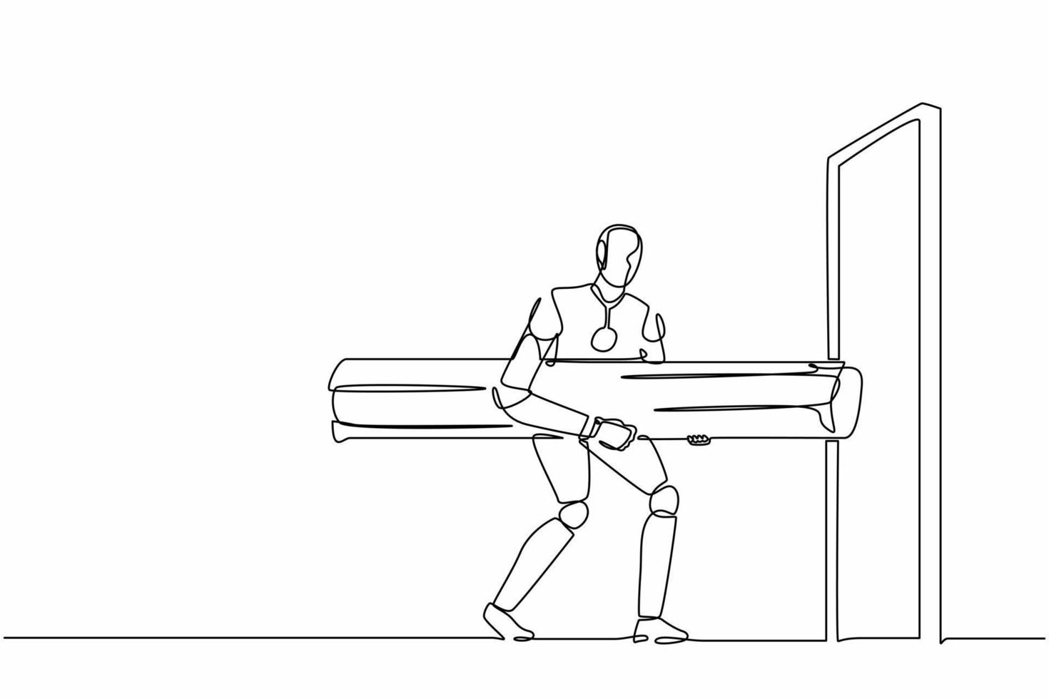 robot de dessin d'une seule ligne tenant une grande bûche pour détruire la porte. développement technologique futur. intelligence artificielle et processus d'apprentissage automatique. ligne continue dessiner illustration vectorielle de conception vecteur