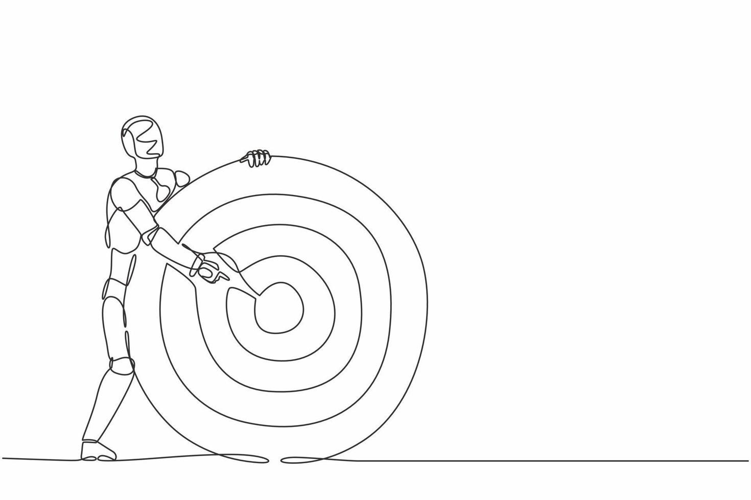 robot de dessin d'une seule ligne tenant une cible d'archer ou un jeu de fléchettes et pointant vers bullseye. technologie future. intelligence artificielle et apprentissage automatique. illustration vectorielle de conception de ligne continue vecteur